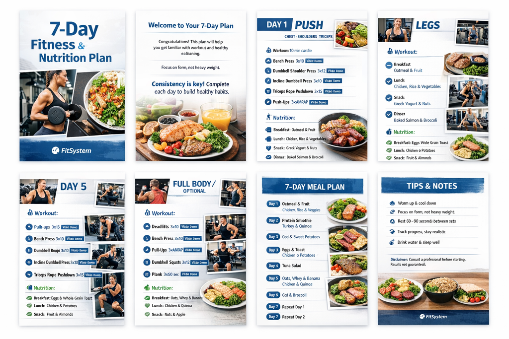 7-Day Fitness & Nutrition Plan - Complete Workout & Meal Guide (PDF)